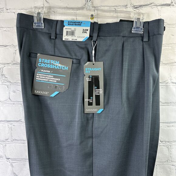 Savane Mens Stretch Crosshatch‎ Charcoal 34W / 29L Pleated Pants NWT - Picture 3 of 8